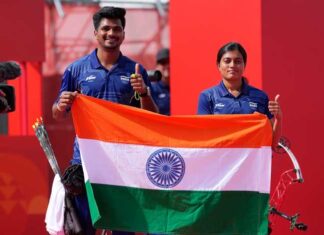 तीरंदाजी में भारत का स्वर्णिम निशाना, चिकिथा और साहिल ने जीता स्वर्ण Chikitha taniparthi and sahil jadhav won gold in archery mixed team
