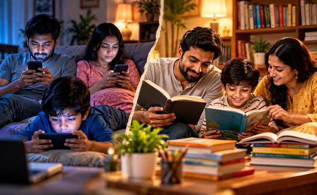 parents-reading-book-or-watching-mobile Parents reading book or watching mobile